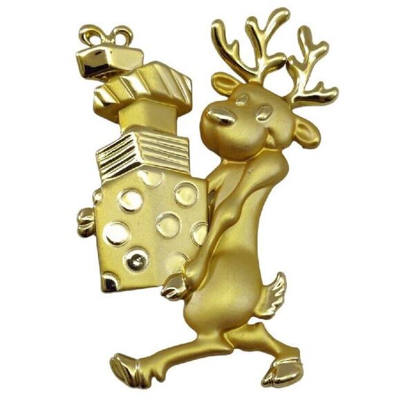 Vintage AJC Christmas Reindeer Carrying Gifts Matte Gold Tone Brooch Pin - Picture 3 of 7